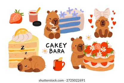 Lindo capibara con pasteles y postres Vector set, kawaii durmiendo personajes de capibara con pastel de fresa, dulces de panadería. Ilustraciones de comida acogedora para cumpleaños, cafetería y pegatinas