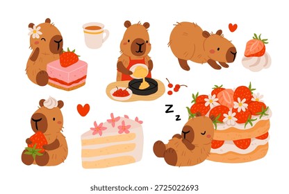 Lindo capibara con pasteles y postres Vector set, kawaii durmiendo personajes de capibara con pastel de fresa, dulces de panadería. Ilustraciones de comida acogedora para cumpleaños, cafetería y pegatinas