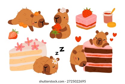 Lindo capibara con pasteles y postres Vector set, kawaii durmiendo personajes de capibara con pastel de fresa, dulces de panadería. Ilustraciones de comida acogedora para cumpleaños, cafetería y pegatinas