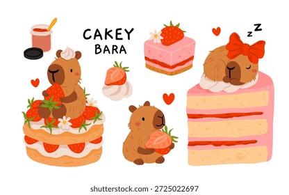 Lindo capibara con pasteles y postres Vector set, kawaii durmiendo personajes de capibara con pastel de fresa, dulces de panadería. Ilustraciones de comida acogedora para cumpleaños, cafetería y pegatinas