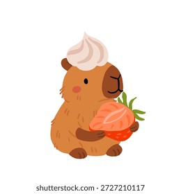 Cute capybara with cakes and desserts vector set, kawaii sleeping capybara characters with strawberry cake, bakery sweets. Cozy food illustrations for birthday, cafe and stickers