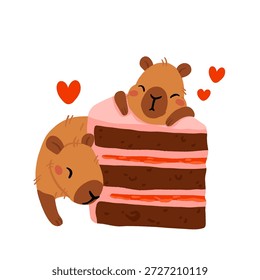Lindo capibara con pasteles y postres Vector set, kawaii durmiendo personajes de capibara con pastel de fresa, dulces de panadería. Ilustraciones de comida acogedora para cumpleaños, cafetería y pegatinas