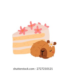 Lindo capibara con pasteles y postres Vector set, kawaii durmiendo personajes de capibara con pastel de fresa, dulces de panadería. Ilustraciones de comida acogedora para cumpleaños, cafetería y pegatinas