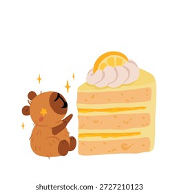 Lindo capibara con pasteles y postres Vector set, kawaii durmiendo personajes de capibara con pastel de fresa, dulces de panadería. Ilustraciones de comida acogedora para cumpleaños, cafetería y pegatinas
