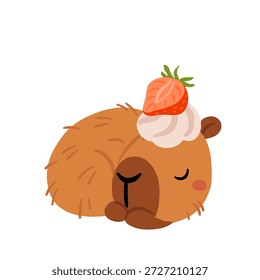 Lindo capibara con pasteles y postres Vector set, kawaii durmiendo personajes de capibara con pastel de fresa, dulces de panadería. Ilustraciones de comida acogedora para cumpleaños, cafetería y pegatinas
