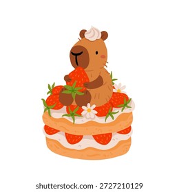 Lindo capibara con pasteles y postres Vector set, kawaii durmiendo personajes de capibara con pastel de fresa, dulces de panadería. Ilustraciones de comida acogedora para cumpleaños, cafetería y pegatinas