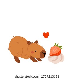 Lindo capibara con pasteles y postres Vector set, kawaii durmiendo personajes de capibara con pastel de fresa, dulces de panadería. Ilustraciones de comida acogedora para cumpleaños, cafetería y pegatinas