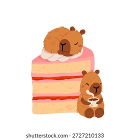 Lindo capibara con pasteles y postres Vector set, kawaii durmiendo personajes de capibara con pastel de fresa, dulces de panadería. Ilustraciones de comida acogedora para cumpleaños, cafetería y pegatinas