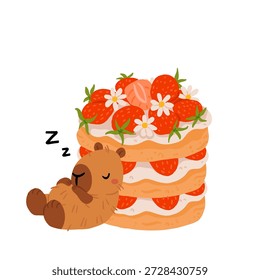 Niedliche Capybara mit Kuchen und Desserts, Vektorsatz, Kawaii schlafende Capybara-Figuren mit Erdbeerkuchen, Backwaren Süßigkeiten. Gemütliches Essen Illustrationen für Geburtstag, Café und Aufkleber