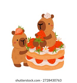 Niedliche Capybara mit Kuchen und Desserts, Vektorsatz, Kawaii schlafende Capybara-Figuren mit Erdbeerkuchen, Backwaren Süßigkeiten. Gemütliches Essen Illustrationen für Geburtstag, Café und Aufkleber