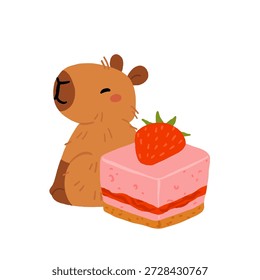 Niedliche Capybara mit Kuchen und Desserts, Vektorsatz, Kawaii schlafende Capybara-Figuren mit Erdbeerkuchen, Backwaren Süßigkeiten. Gemütliches Essen Illustrationen für Geburtstag, Café und Aufkleber