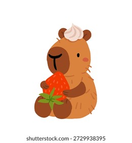 Cute capybara with cakes and desserts vector set, kawaii sleeping capybara characters with strawberry cake, bakery sweets. Cozy food illustrations for birthday, cafe and stickers