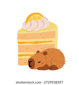 Niedliche Capybara mit Kuchen und Desserts, Vektorsatz, Kawaii schlafende Capybara-Figuren mit Erdbeerkuchen, Backwaren Süßigkeiten. Gemütliches Essen Illustrationen für Geburtstag, Café und Aufkleber