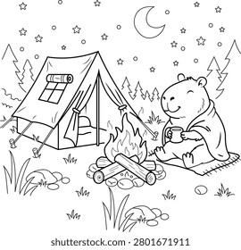 Cute Capybara Camping by Campfire Coloring Page – Cozy Forest Night Adventure Line Art Illustration For Kids And Adult