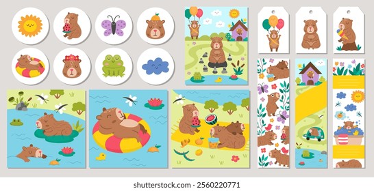 Cute capybara cards set with bath, fruit, reeds, birds. Vector cartoon capibara square, round, vertical print templates. Cute design for tags, postcards, ads with relaxing, meditating animals