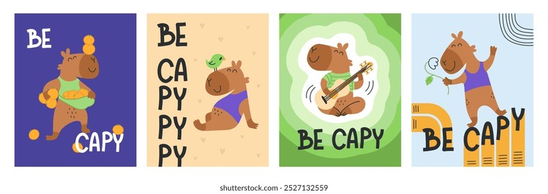 Lindo conjunto de tarjetas de capibara. Sé capy lettering. Divertido personaje animal. Adorable animal lindo. Ilustración vectorial dibujada a mano