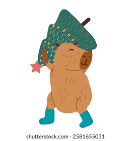 Cute capybara carries tied Christmas tree on the shoulder flat hand drawn vector illustration isolated on white.