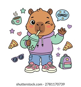 Cute Capybara Cartoon Character With Bubble Tea Kawaii Flat Vector Illustration