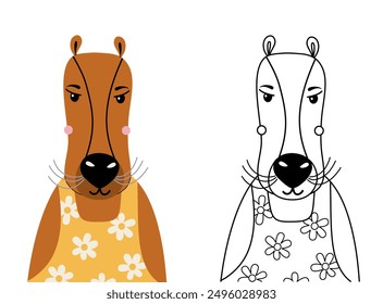 Cute capybara cartoon character coloring page for children. Funny South American animal colored and colorless vector illustrations isolated on transparent background. Kid doodles, anti stress.
