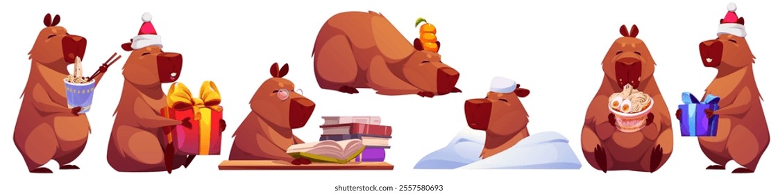 Cute capybara cartoon character mascot eating noodles, holding present, reading books, relaxing on snow, enjoying ramen. Brown furry creature wearing Christmas hat for holiday stickers, greeting card.