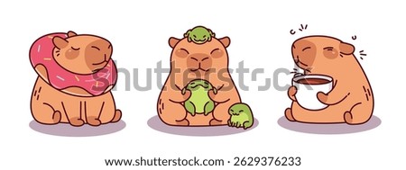 Cute capybara cartoon character set - chubby rodent with donut inflatable ring, adorable animal holding tiny frog friends, sleepy creature enjoying morning coffee. Kawaii funny mascot stickers.