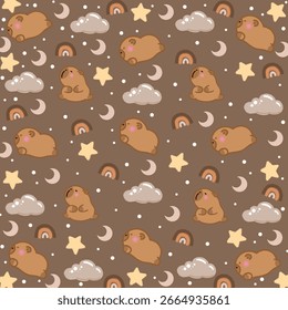 Bonito Capybara desenho animado repetindo padrão com ornamentos infantis