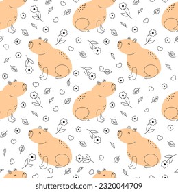 Cute capybara cartoon seamless pattern, vector illustration. Funny capybara with flowers, leaves and hearts