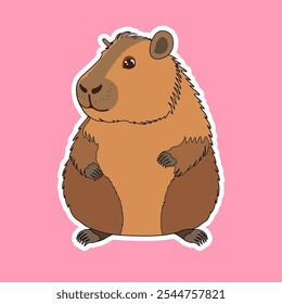 Capivara bonito em estilo de desenho animado, Ilustração de vetor. Fundo rosa, kawaii. Pequena capivara, animal de estimação engraçado com pele marrom