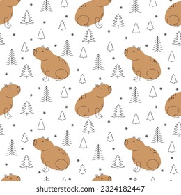 Cute capybara cartoonseamless pattern, vector illustration. Funny capybara with christmas tree and snowflakes