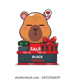 cute capybara with cashier table in black friday sale cartoon vector illustration