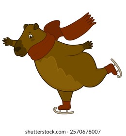 Cute capybara character. Adorable animal from south america. Giant hamster. Ice skating. Winter holidays. Vector illustration isolated on transparent background.