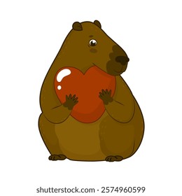 Cute capybara character. Adorable animal from south america. Giant hamster. Holds a big heart. Valentine's day banner. Vector illustration isolated on transparent background.