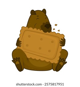 Cute capybara character. Adorable animal from south america. Giant hamster. Eating a big cookie. Vector illustration isolated on transparent background.