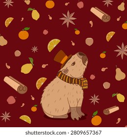 Cute capybara character with autumn scarf and top hat, flat lay background with cinnamon sticks and orange slices for winter holidays or thanksgiving decor