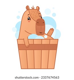 Cute capybara character bathing in bath with foam. Cartoon animal sticker. Vector illustration on white background
