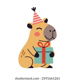 Cute capybara character at a birthday event with gift. Flat vector clipart perfect for holiday decor and charming graphic elements.