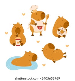 Cute Capybara character collection. Cook with spoon, with coffee and donut, in water and sleeping animal. Isolated funny rodent. Vector illustration in flat style. kids collection