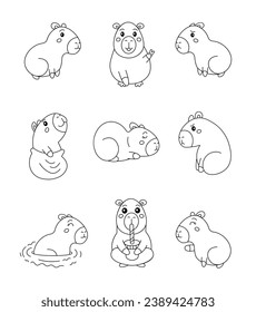 Cute capybara character. Coloring Page. Kawaii large rodent animal different poses and emotions, love, joy, sadness, anger. Vector drawing. Collection of design elements.