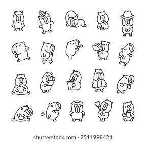 Cute capybara character. Coloring Page. Funny cartoon animal. Hand drawn style. Vector drawing. Collection of design elements.