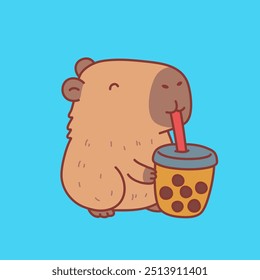 Ilustración de diseño de personaje de capibara linda bebiendo boba