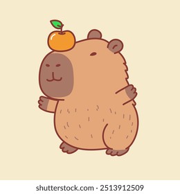 Cute capybara character design illustration with orange on its nose
