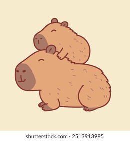 Ilustração de design de personagem capibara bonito segurando seu bebê