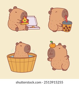 Cute capybara character design illustration eating and drinking