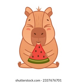 Cute capybara character eats watermelon. Cartoon animal sticker. Vector illustration