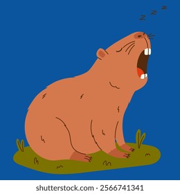 Cute capybara character. Exotic rodent yawning. Hand drawn vector illustration