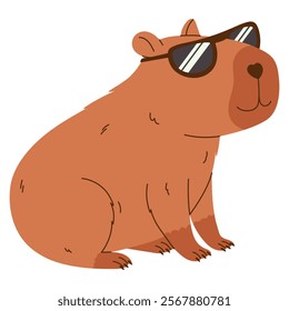 Cute capybara character. Exotic rodent in sunglasses. Hand drawn vector illustration