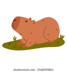 Cute capybara character. Exotic rodent relaxing on grass. Hand drawn vector illustration