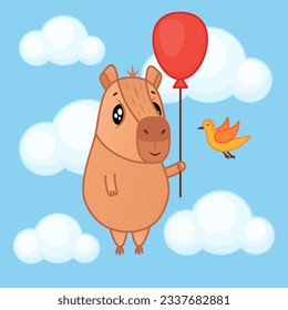 Cute capybara character fly holding balloon. Cartoon animal sticker. Vector illustration