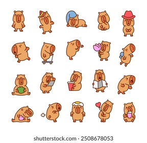 Cute capybara character. Funny cartoon animal. Hand drawn style. Vector drawing. Collection of design elements.