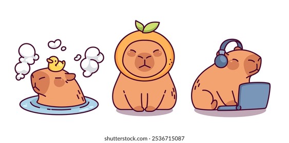 Lindo personaje de capibara. Vector animal plano divertido. Mandarina en la cabeza de kawaii capibara diseño de impresión aislado. Mascota simple con el ordenador portátil que trabaja y juega con el pato en el agua. Expresión de emociones serias